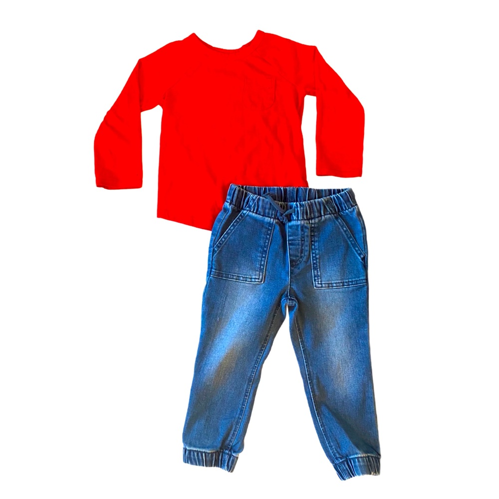 Set of Blue Denim Jogger Pants & Red Long Sleeve Tee Size 2T - Picture 2 of 4
